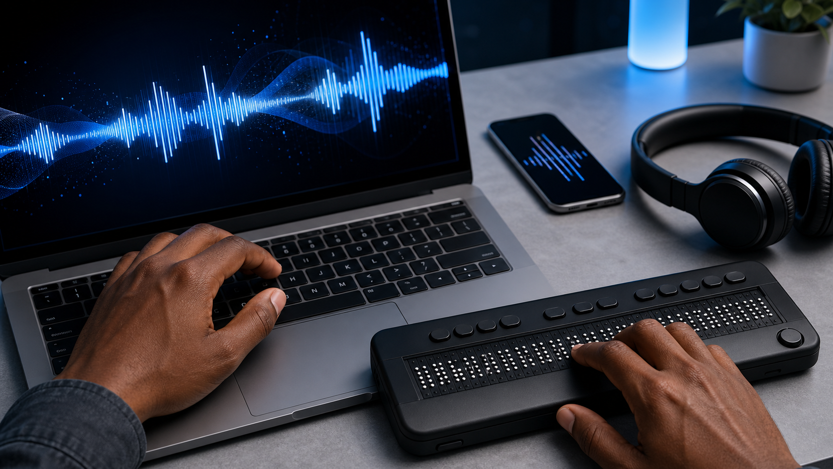 Mains utilisant un clavier et une plage braille devant un ordinateur avec une forme d'onde bleue.