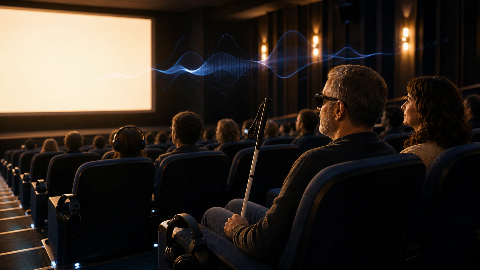 Salle de cinéma accessible avec casque audio, canne blanche et spectateurs.