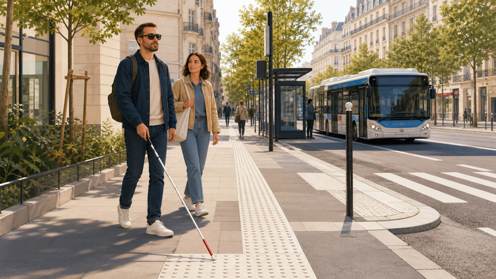 Personne aveugle avec une canne blanche sur un trottoir accessible, près d'un arrêt de bus.