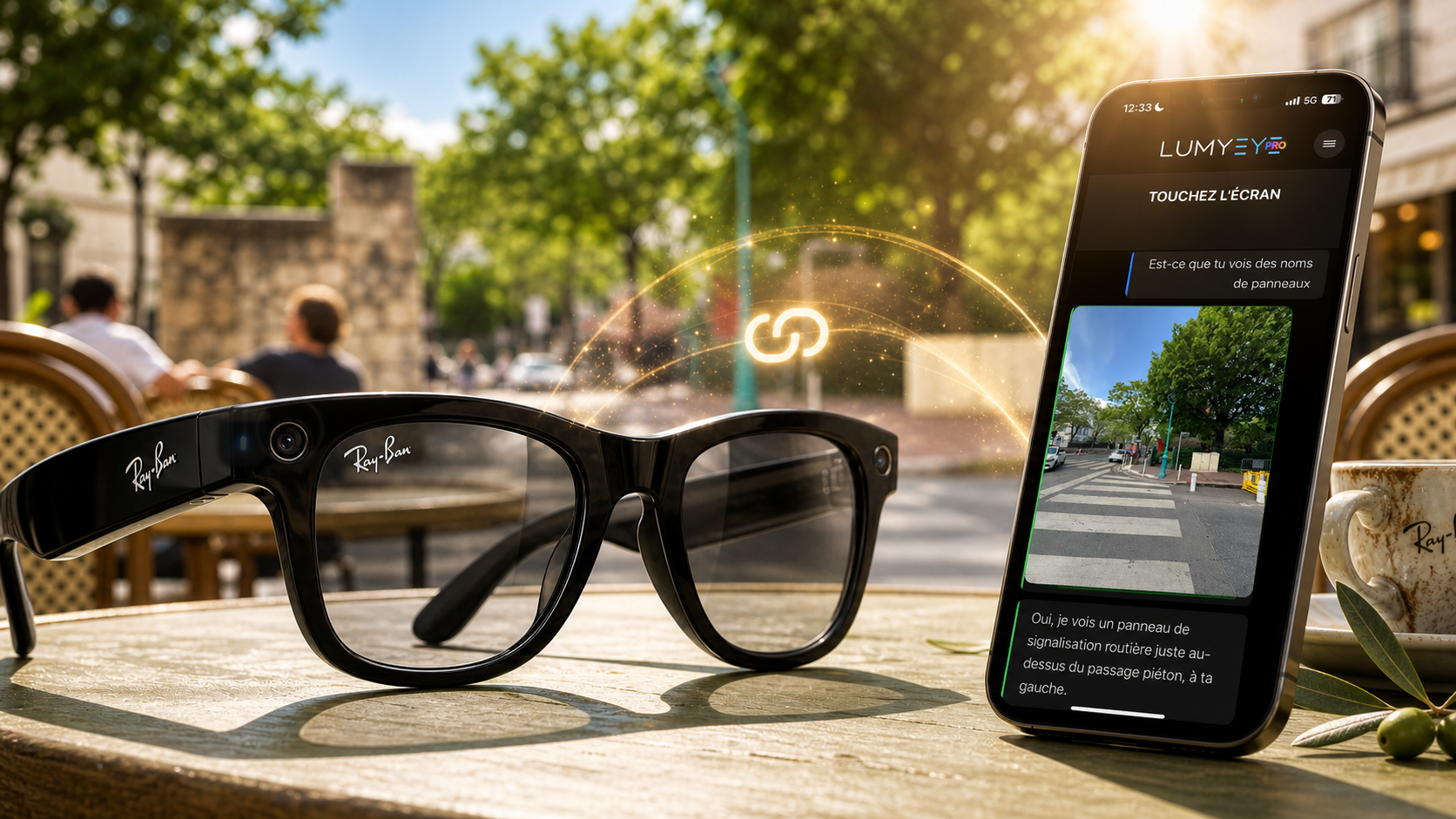 Ray-Ban Meta et Lumyeye Pro connectés sur une table en terrasse
