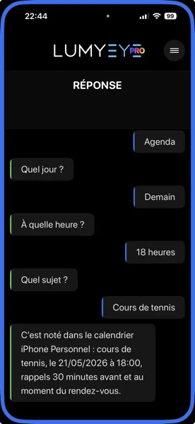 Capture iPhone Lumyeye Pro : ajout d'un cours de tennis dans l'agenda à la voix