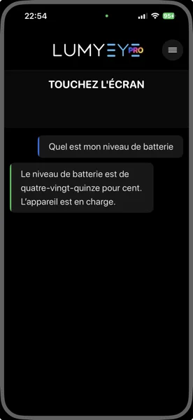 Capture iPhone Lumyeye Pro : niveau de batterie 95 pour cent et état de charge annoncés à la voix