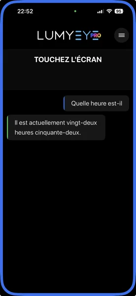 Capture iPhone Lumyeye Pro : annonce vocale de l'heure en chiffres lettres