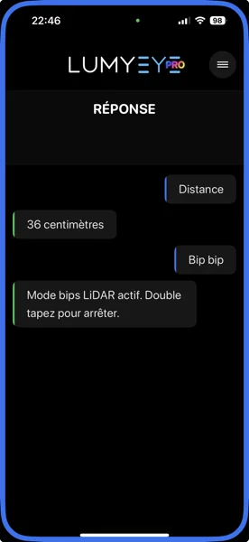 Capture iPhone Lumyeye Pro : mesure de distance LiDAR 36 centimètres et activation du mode bips d'approche