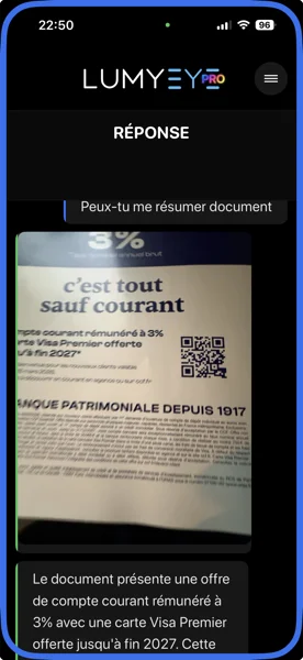 Capture iPhone Lumyeye Pro : photographie d'un courrier bancaire puis résumé vocal en trois phrases