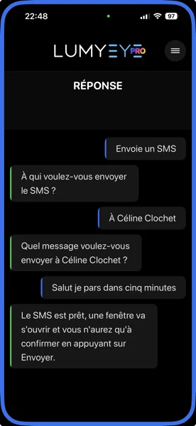 Capture iPhone Lumyeye Pro : composition d'un SMS à Céline Clochet via dialogue vocal complet