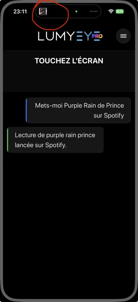 Capture iPhone Lumyeye Pro : lancement de Purple Rain de Prince sur Spotify à la voix