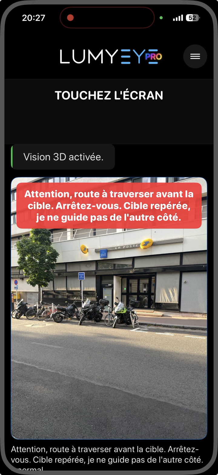 Capture Lumyeye Pro Vision 3D montrant une alerte quand une route sépare la personne de la cible