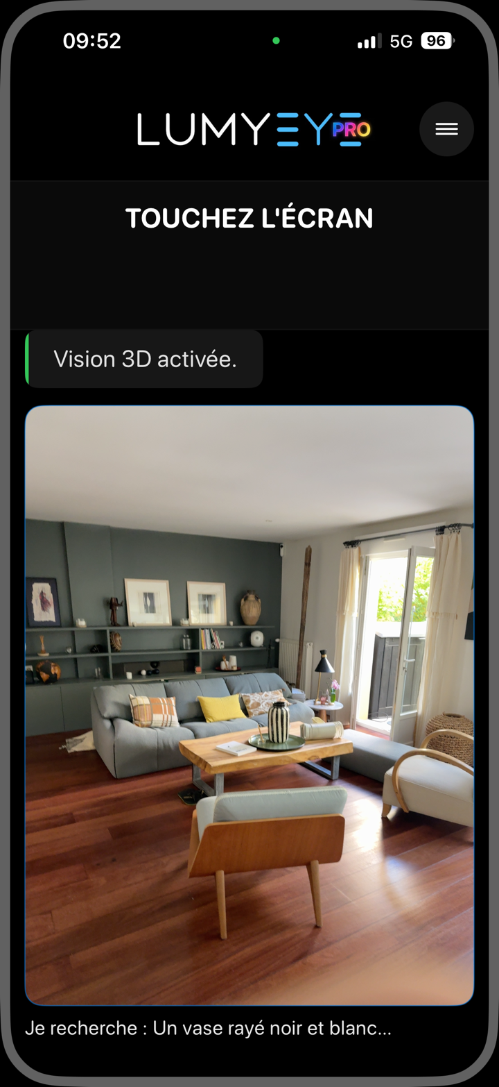 Capture Lumyeye Pro Vision 3D pendant la recherche d'un vase rayé noir et blanc