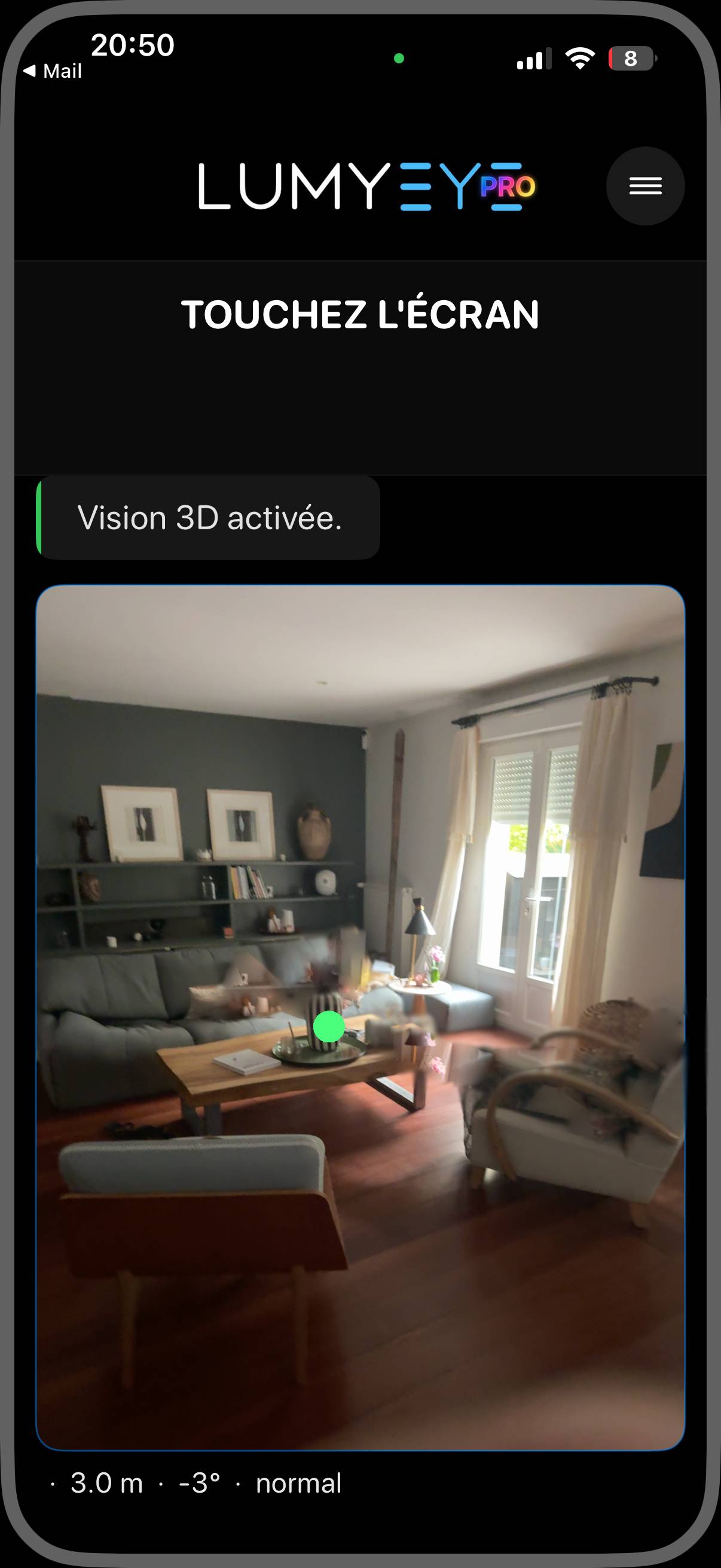 Capture Lumyeye Pro Vision 3D avec une ancre verte placée sur la cible et une distance de trois mètres