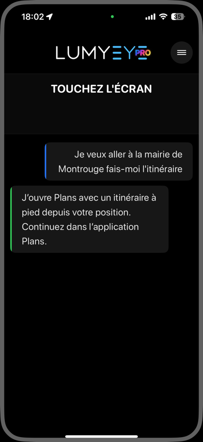 Lumyeye Pro — navigation vocale vers Montrouge via Apple Plans