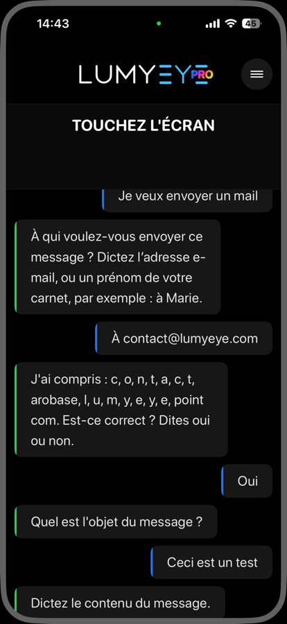 Lumyeye Pro — envoi d'email Gmail à la voix