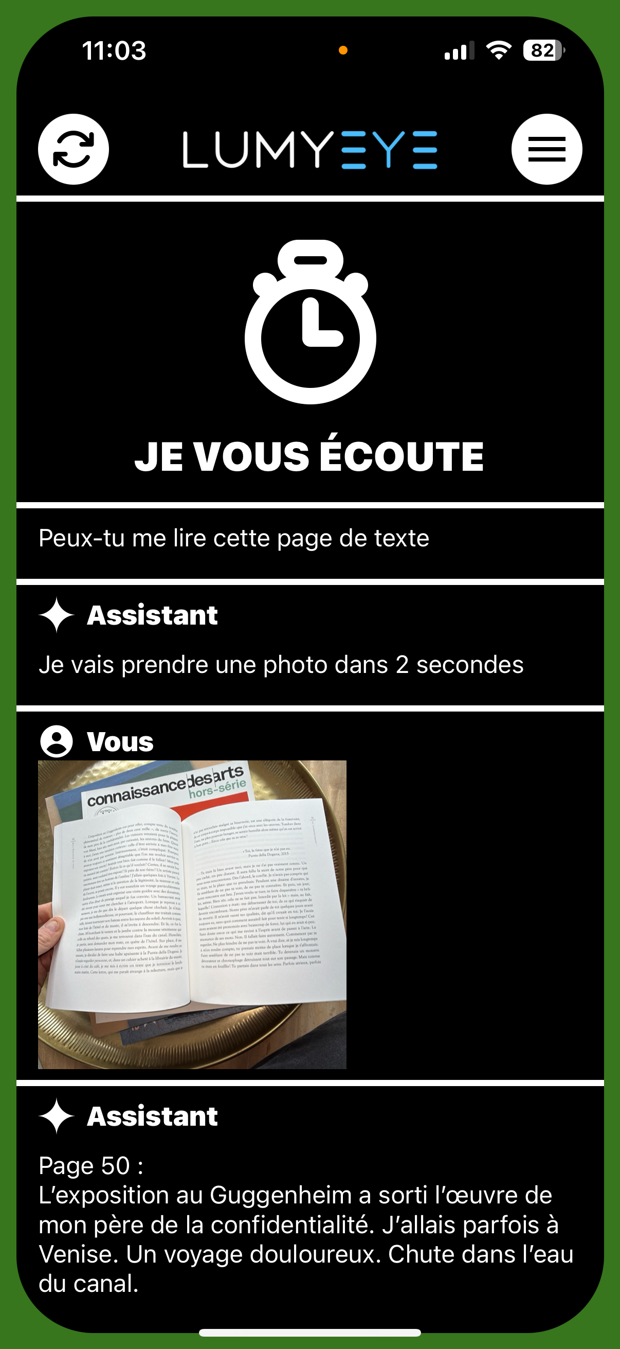 Lumyeye — lecture à voix haute d'une page de livre photographiée, texte restitué en langage clair