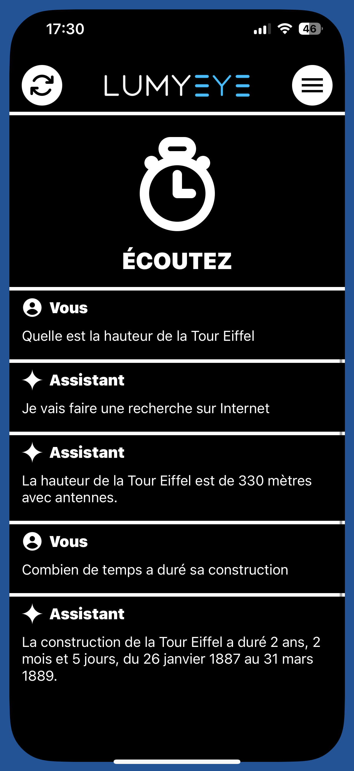 Lumyeye — recherche web vocale : « Quelle est la hauteur de la Tour Eiffel ? » — Réponse : 330 mètres avec antennes